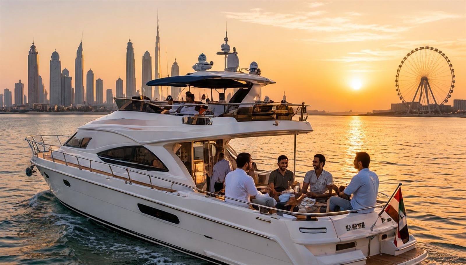 Un yacht au coucher du soleil devant la skyline de Dubai