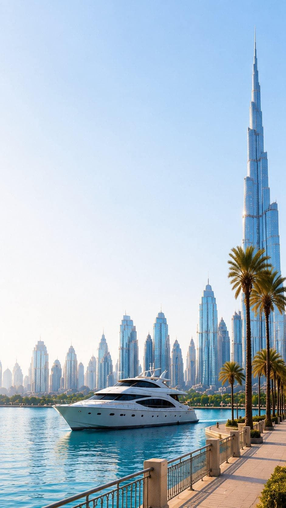 The Dubai skyline at dusk, seen from the water