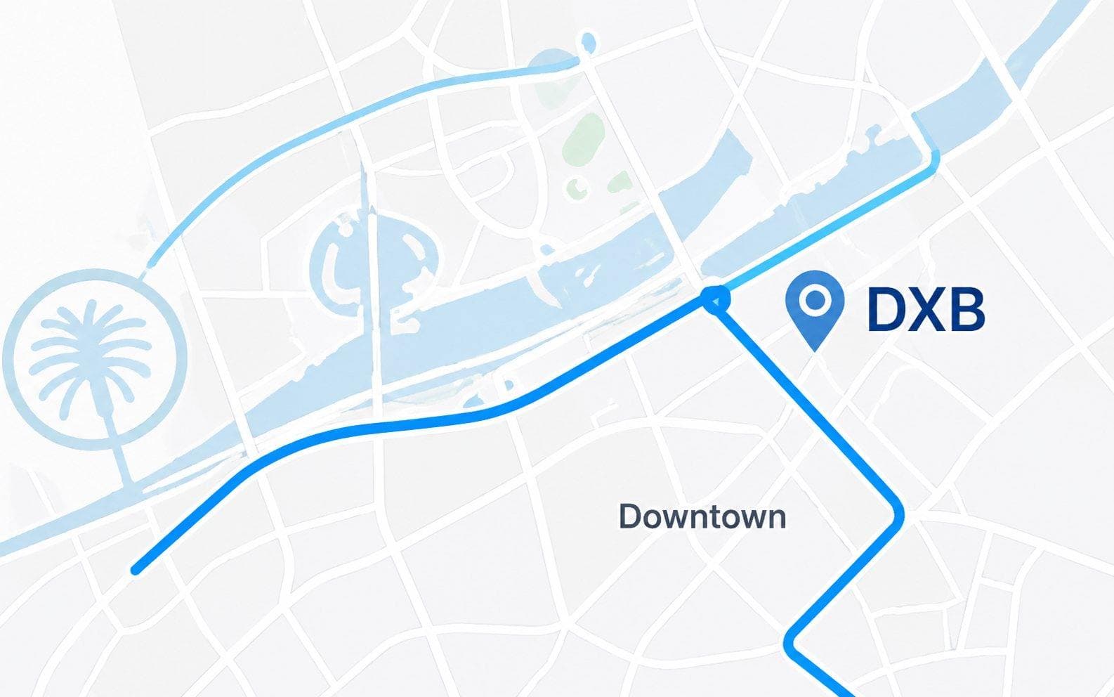 Map of Dubai International Airport (DXB) and the roads towards Downtown