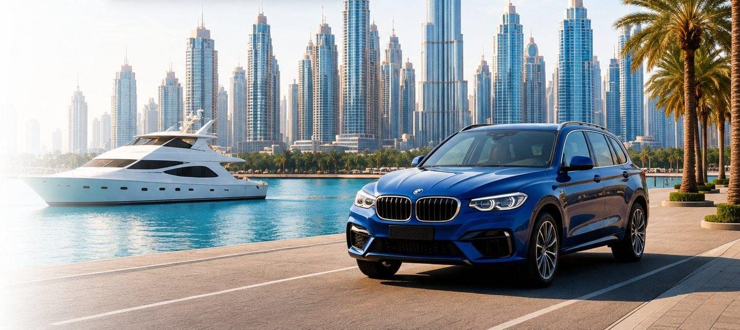 A blue BMW SUV on a Dubai waterfront, with a yacht and the city skyline behind