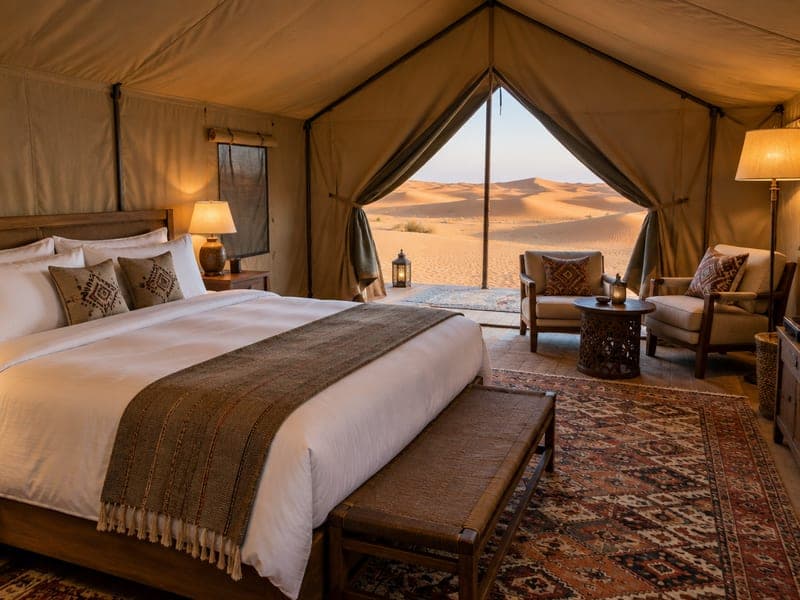 Private fixed tent with a made double bed, armchairs and lamp lighting