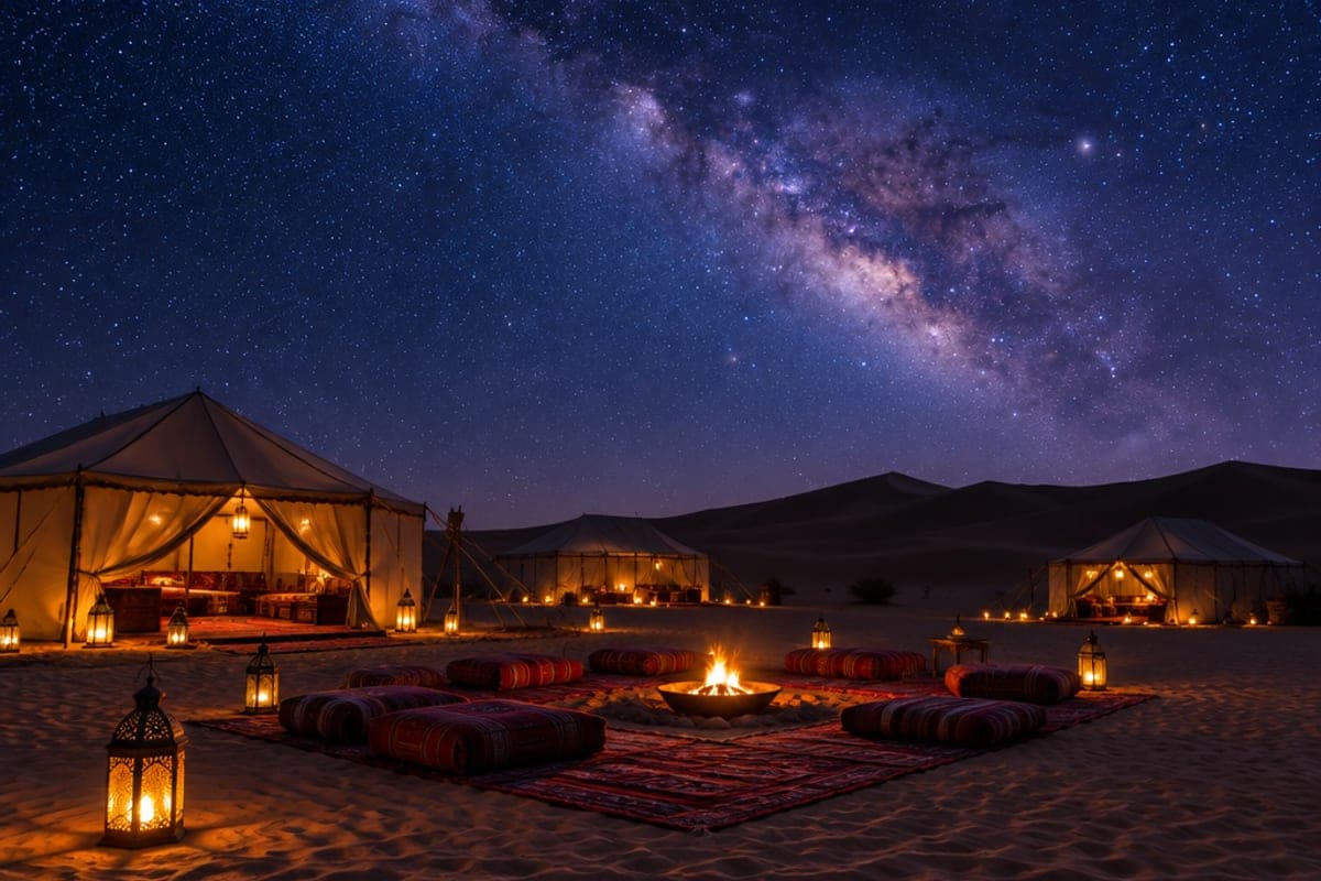 Lanterns and a campfire at a desert camp under a starry night sky