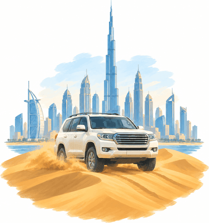 A 4x4 on the dunes with the Dubai skyline behind it