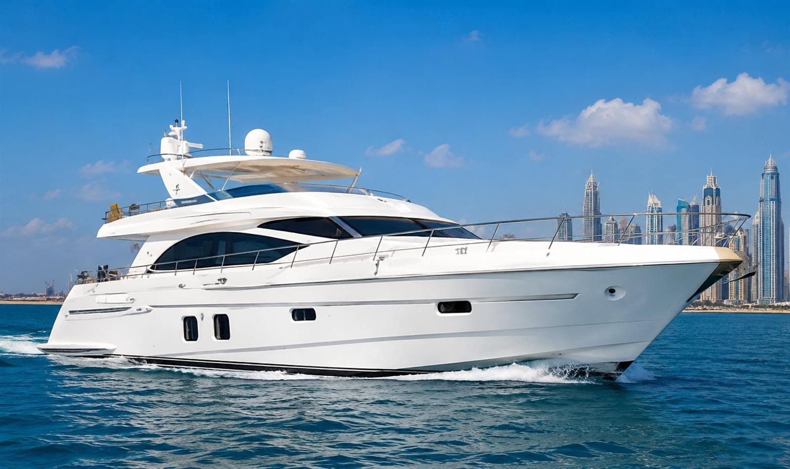 A motor yacht cutting a white wake across the water off Dubai