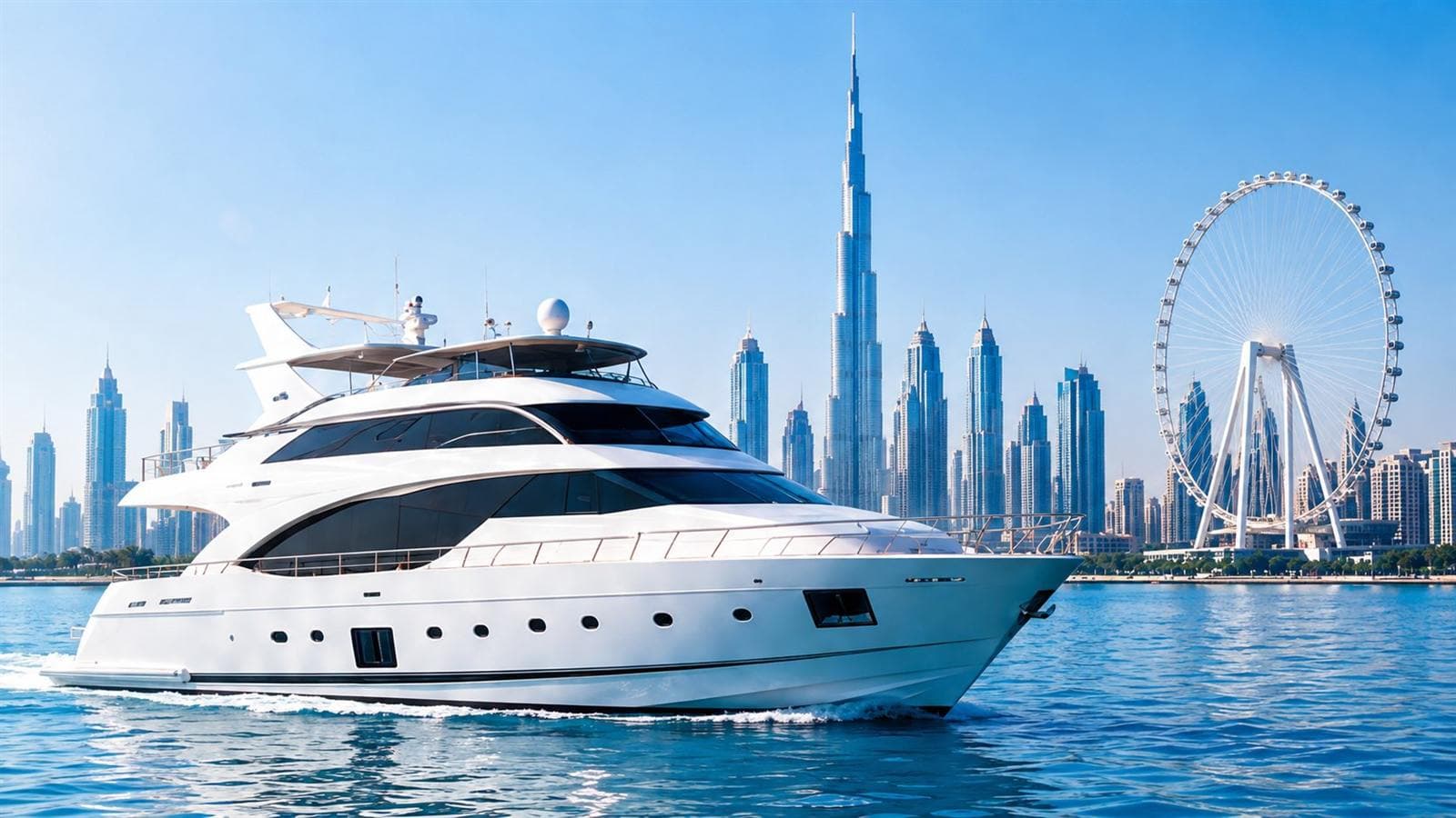 A yacht on calm blue water with the Burj Khalifa and Ain Dubai on the skyline