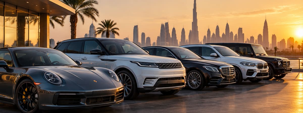 Rental cars parked against the Dubai skyline at sunset