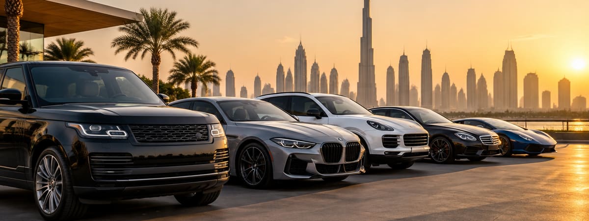 Rental cars parked against the Dubai skyline at sunset