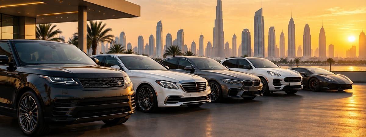 Rental cars parked against the Dubai skyline at sunset
