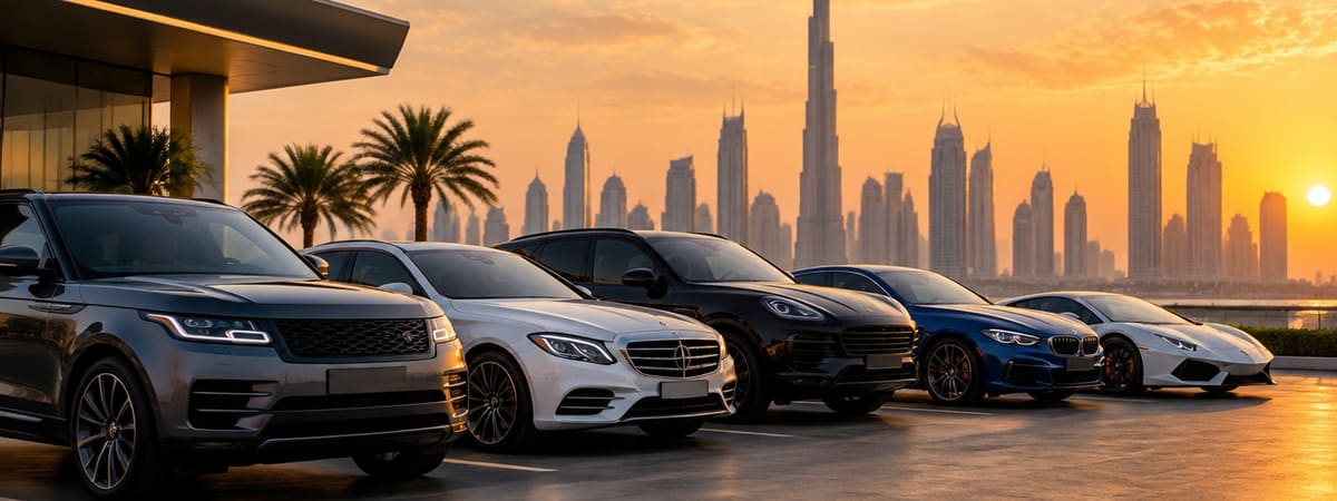 Rental cars parked against the Dubai skyline at sunset