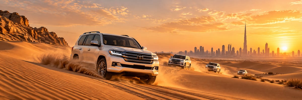 Four-wheel drives crossing the dunes outside Dubai