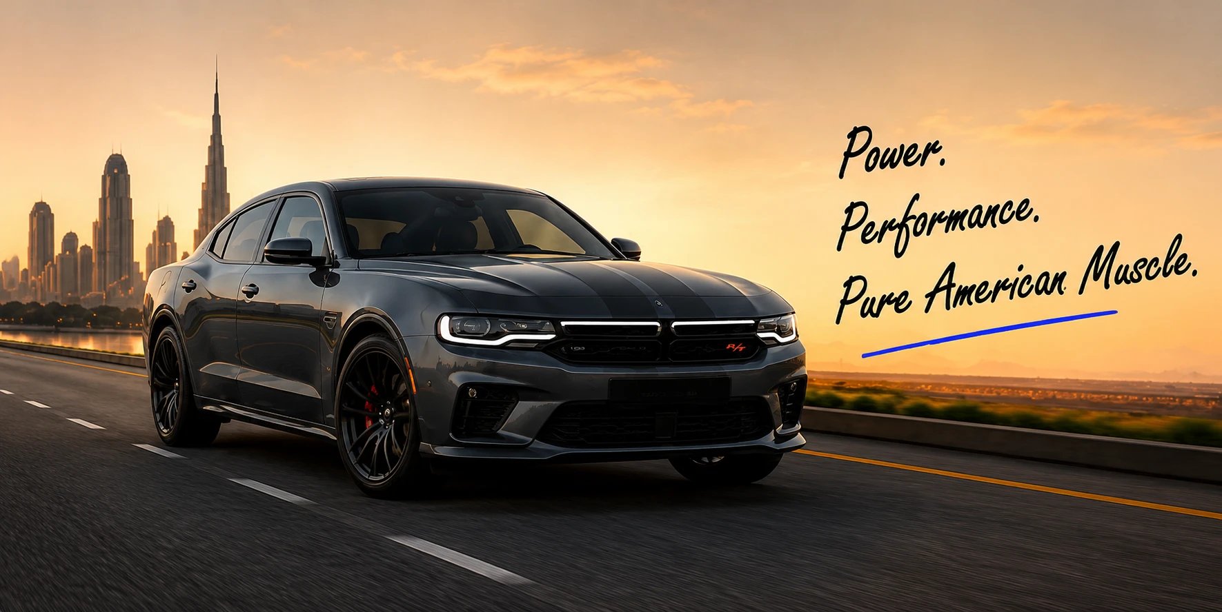 Power. Performance. Pure American Muscle. — Dodge Charger on a Dubai highway