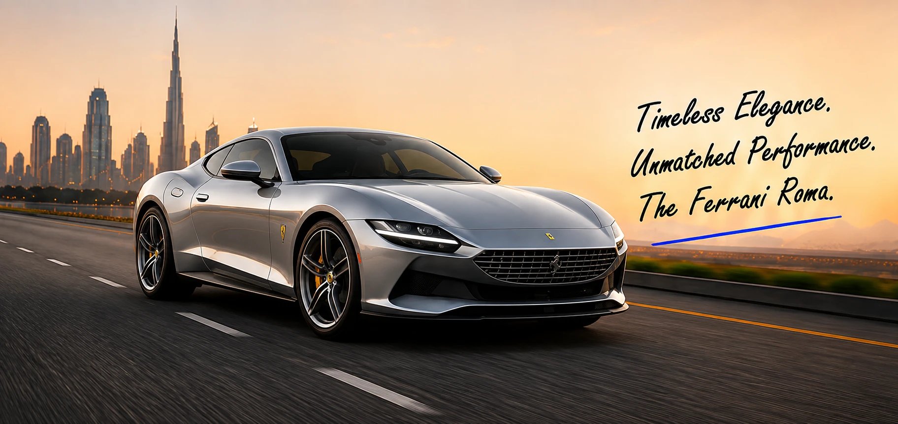 Timeless Elegance. Unmatched Performance. The Ferrari Roma. — Ferrari Roma on a Dubai highway