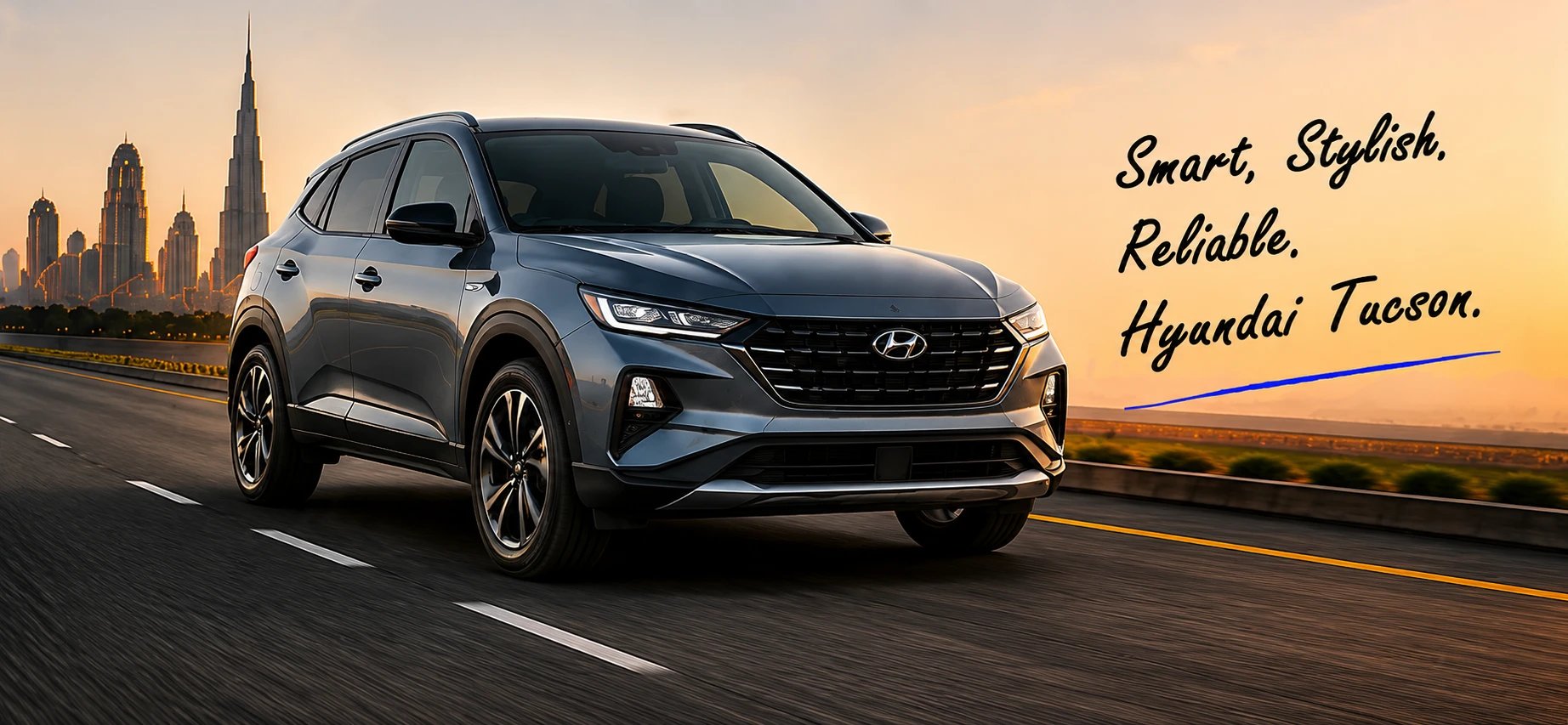Smart. Stylish. Reliable. Hyundai Tucson. — Hyundai Tucson on a Dubai highway
