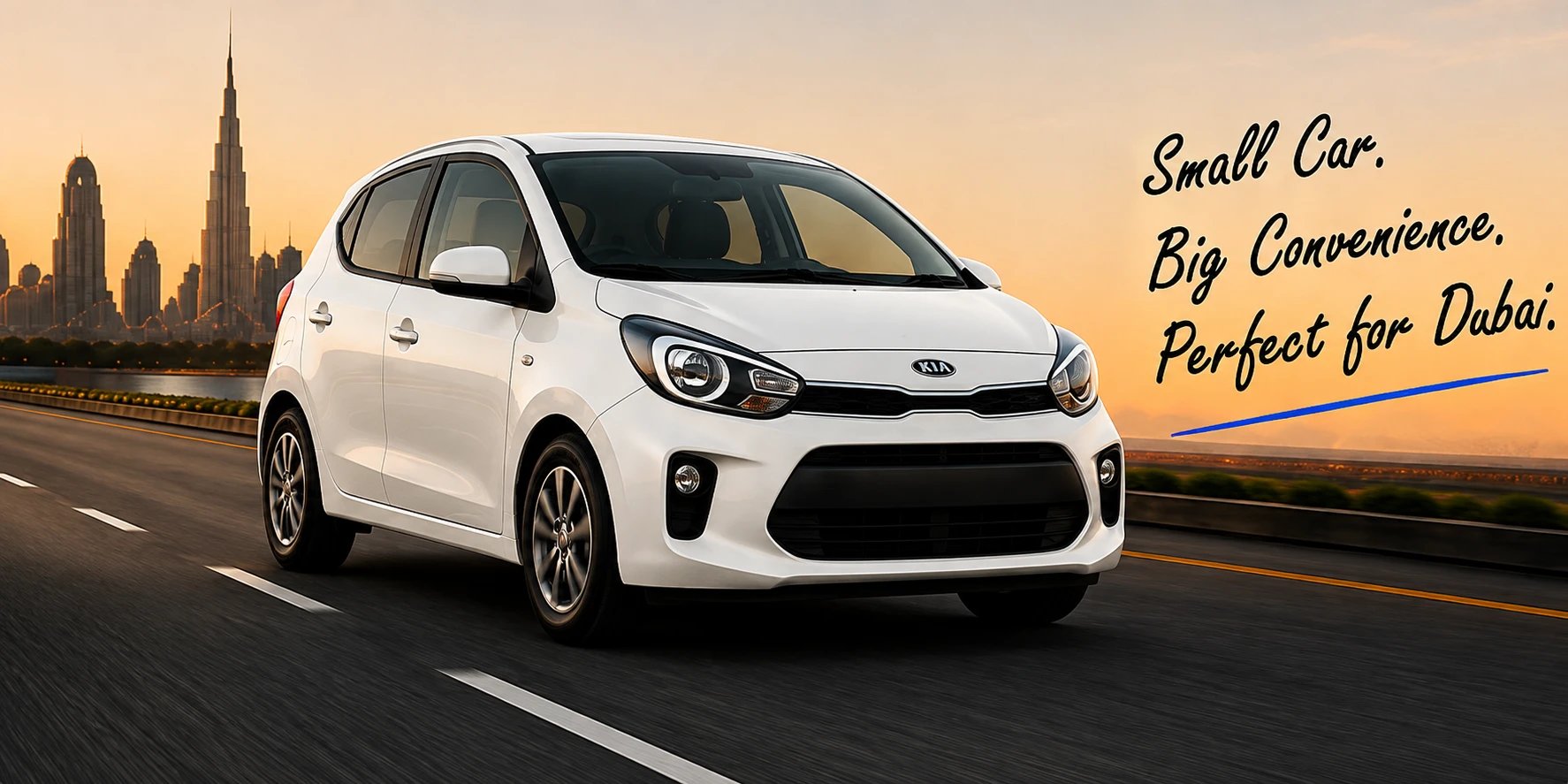 Small Car. Big Convenience. Perfect for Dubai. — Kia Picanto on a Dubai highway
