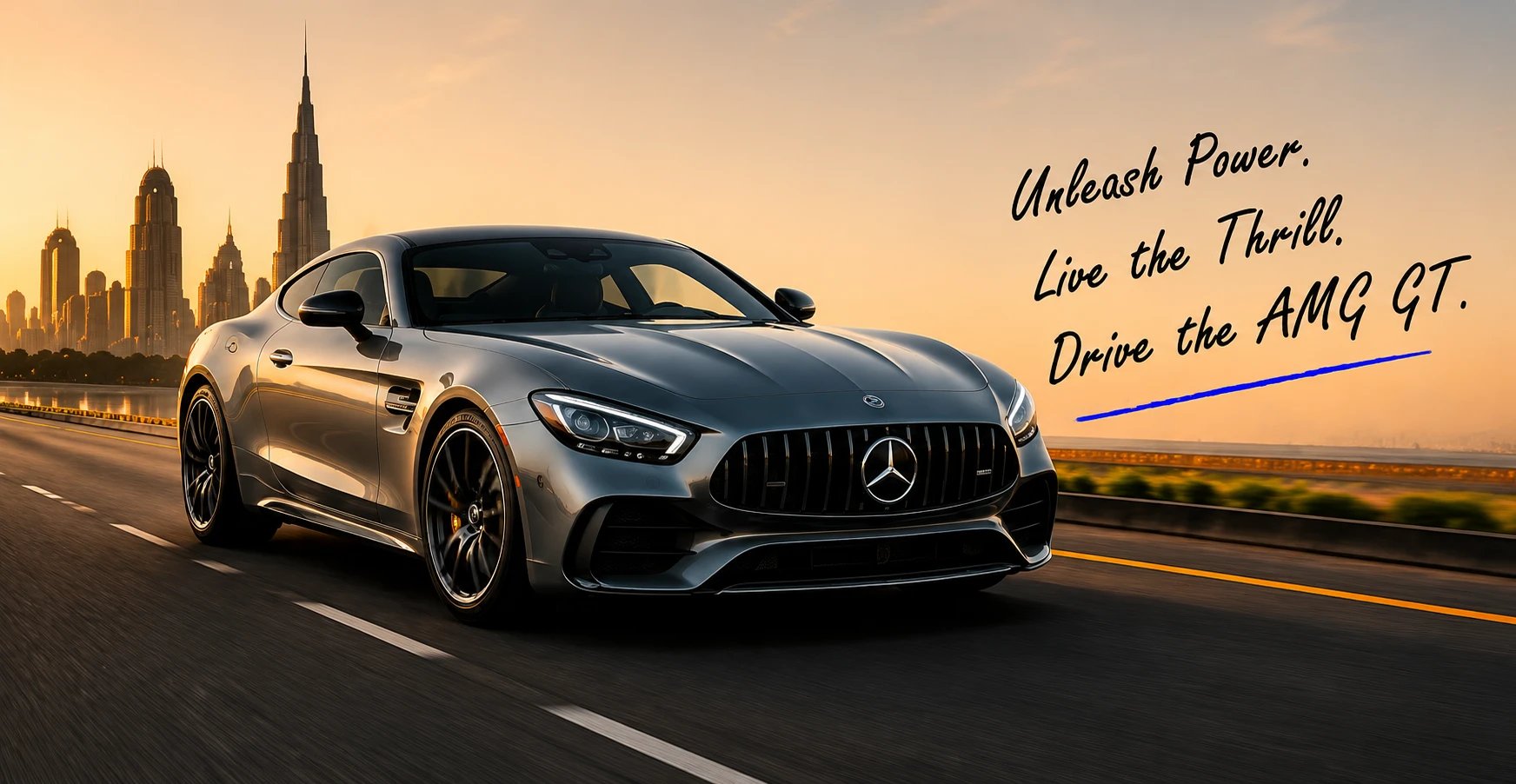 Unleash Power. Live the Thrill. Drive the AMG GT. — Mercedes AMG GT on a Dubai highway