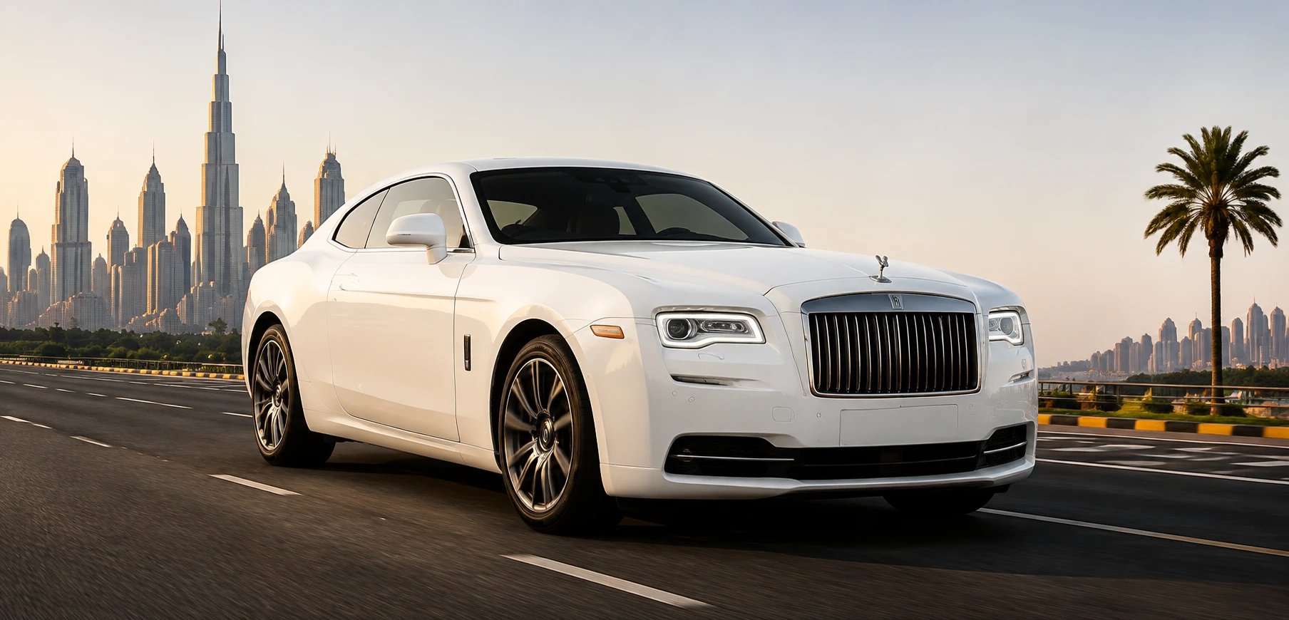 Rolls Royce Wraith cruising past the Dubai skyline