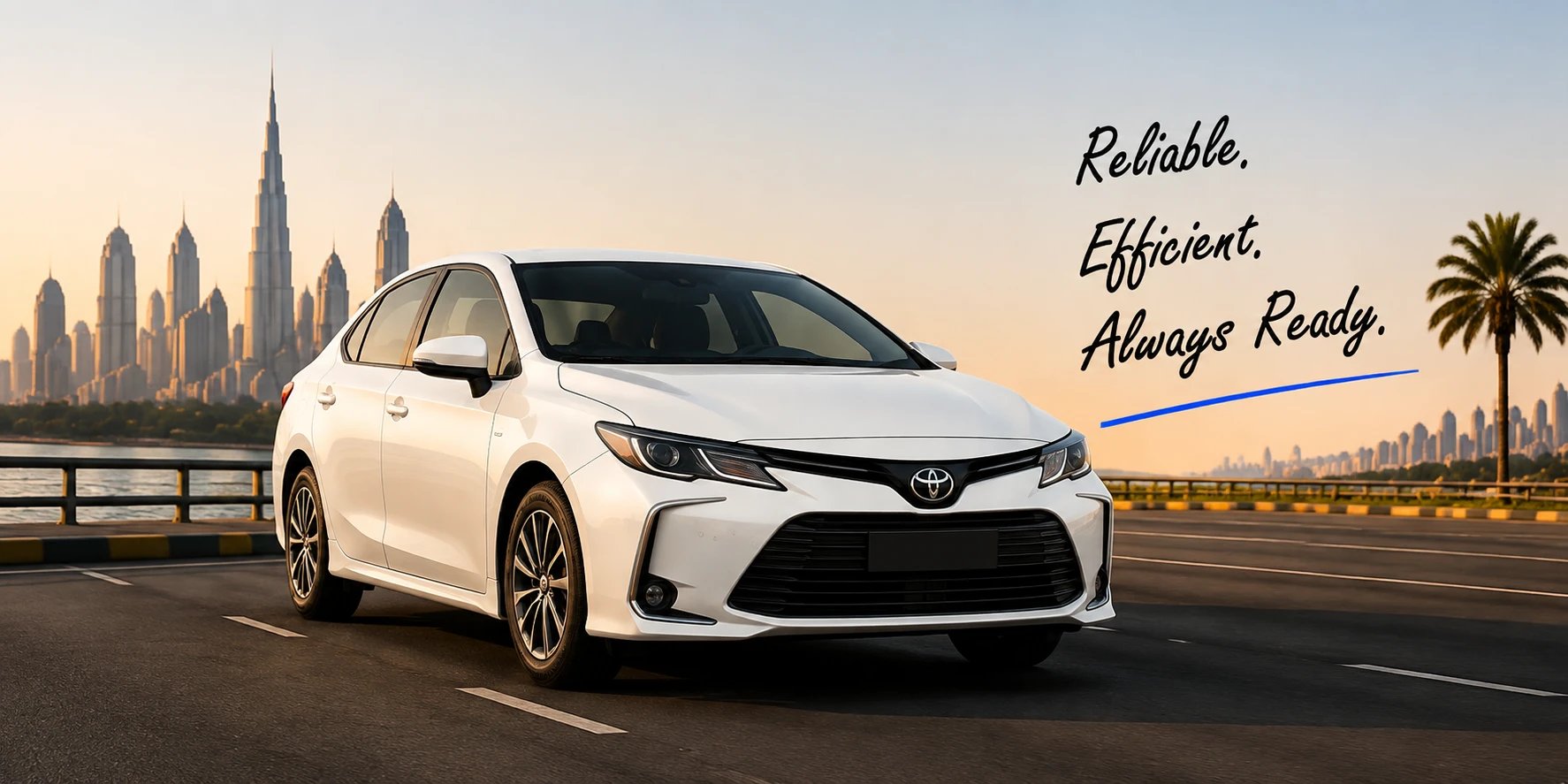 Reliable. Efficient. Always Ready. — Toyota Corolla on a Dubai highway