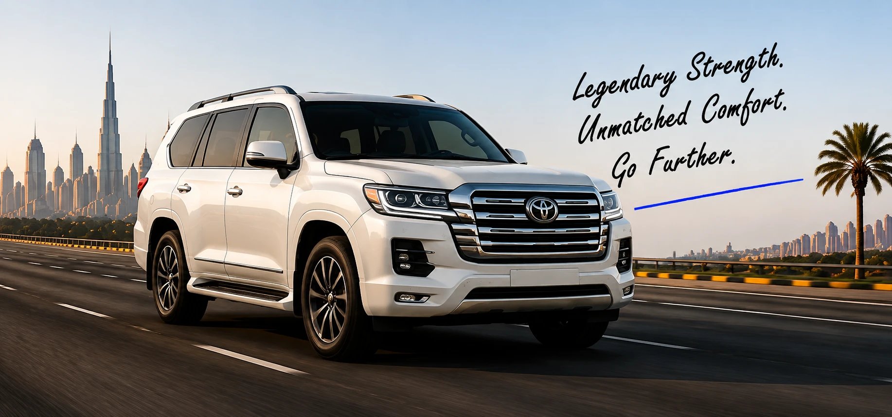 Legendary Strength. Unmatched Comfort. Go Further. — Toyota Land Cruiser on a Dubai highway