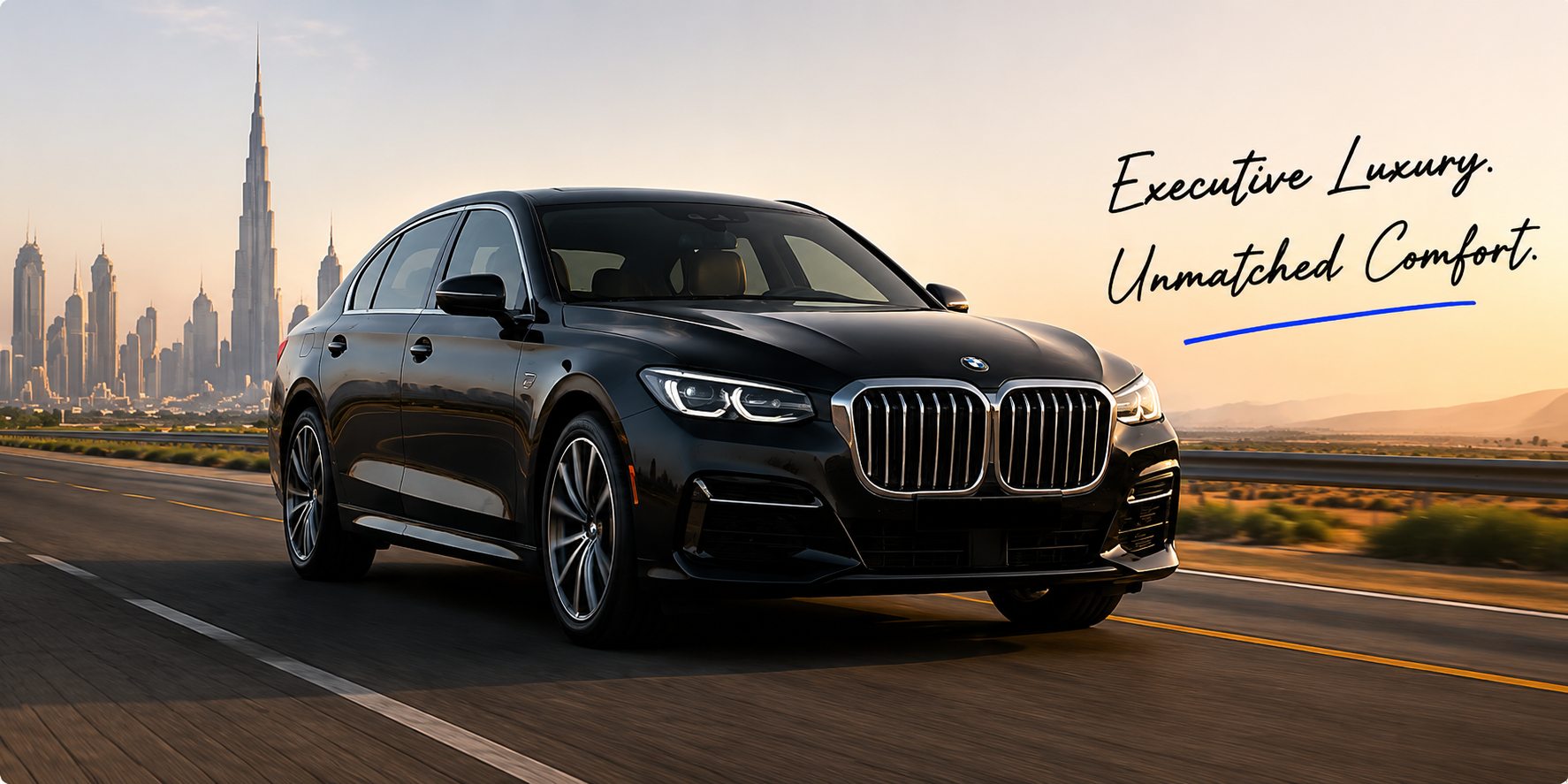 BMW 7 Series on a Dubai highway — executive luxury, unmatched comfort