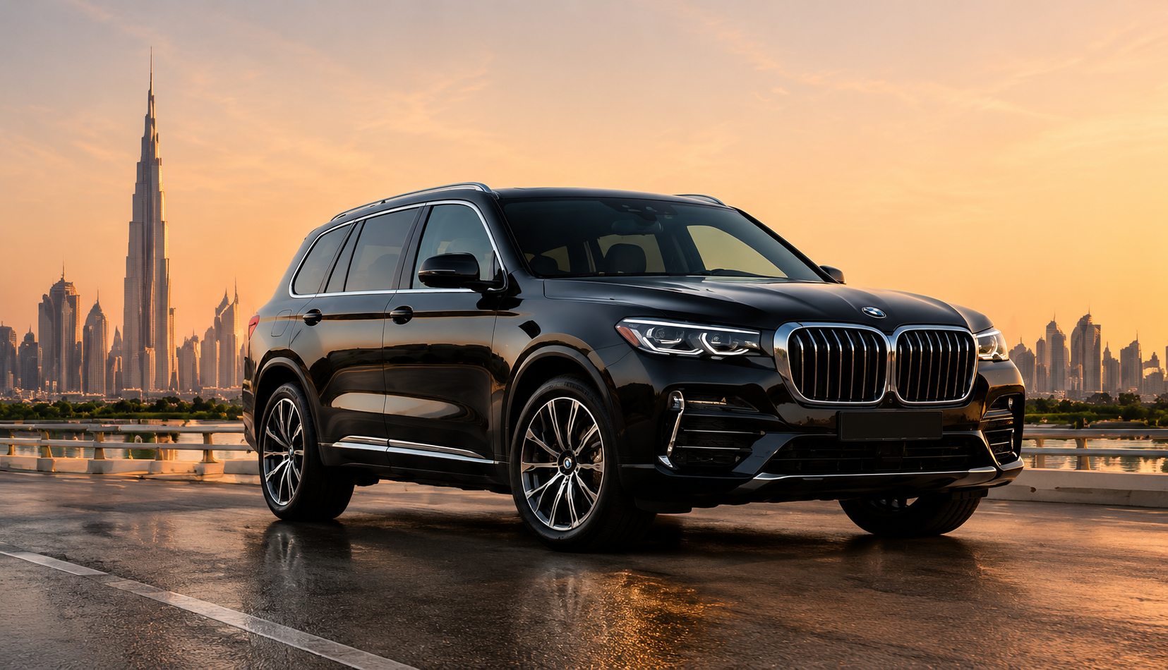 BMW X7 against the Dubai skyline at sunset