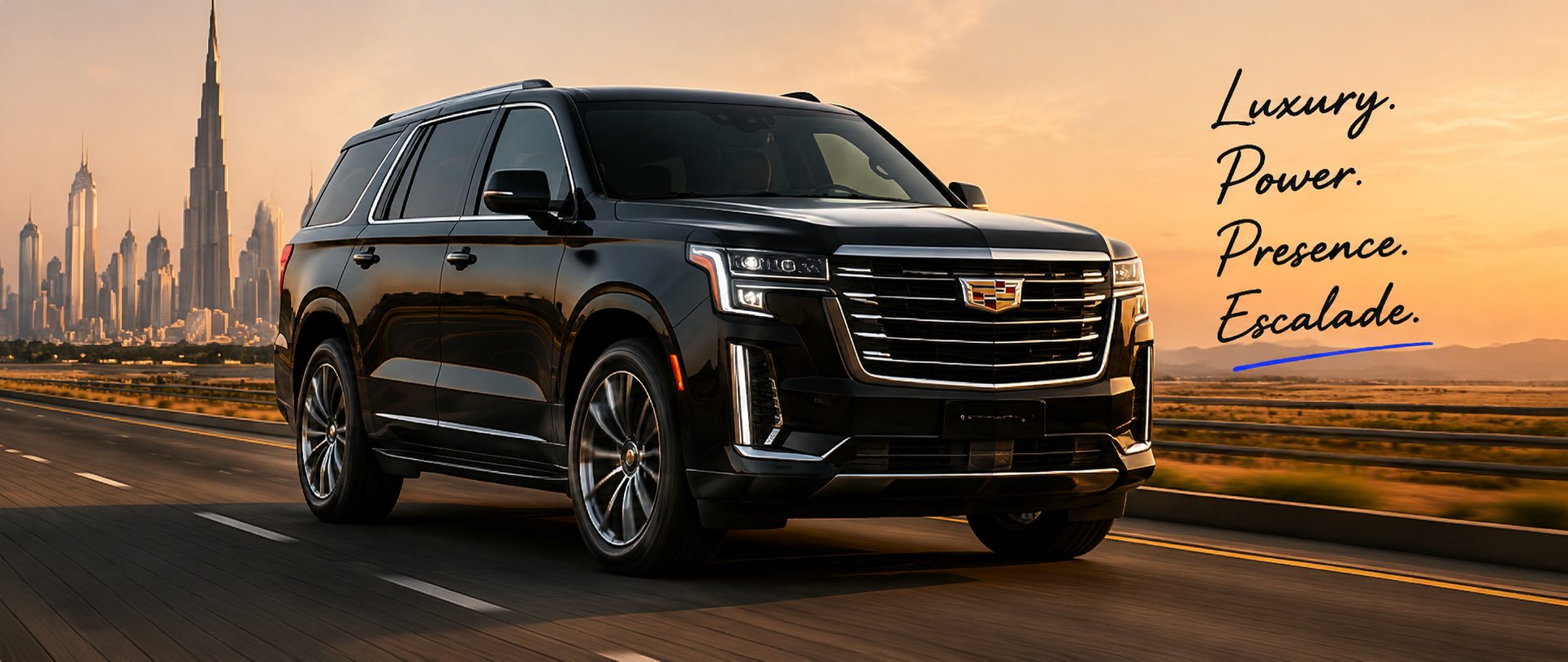 Cadillac Escalade on a Dubai highway — luxury, power, presence