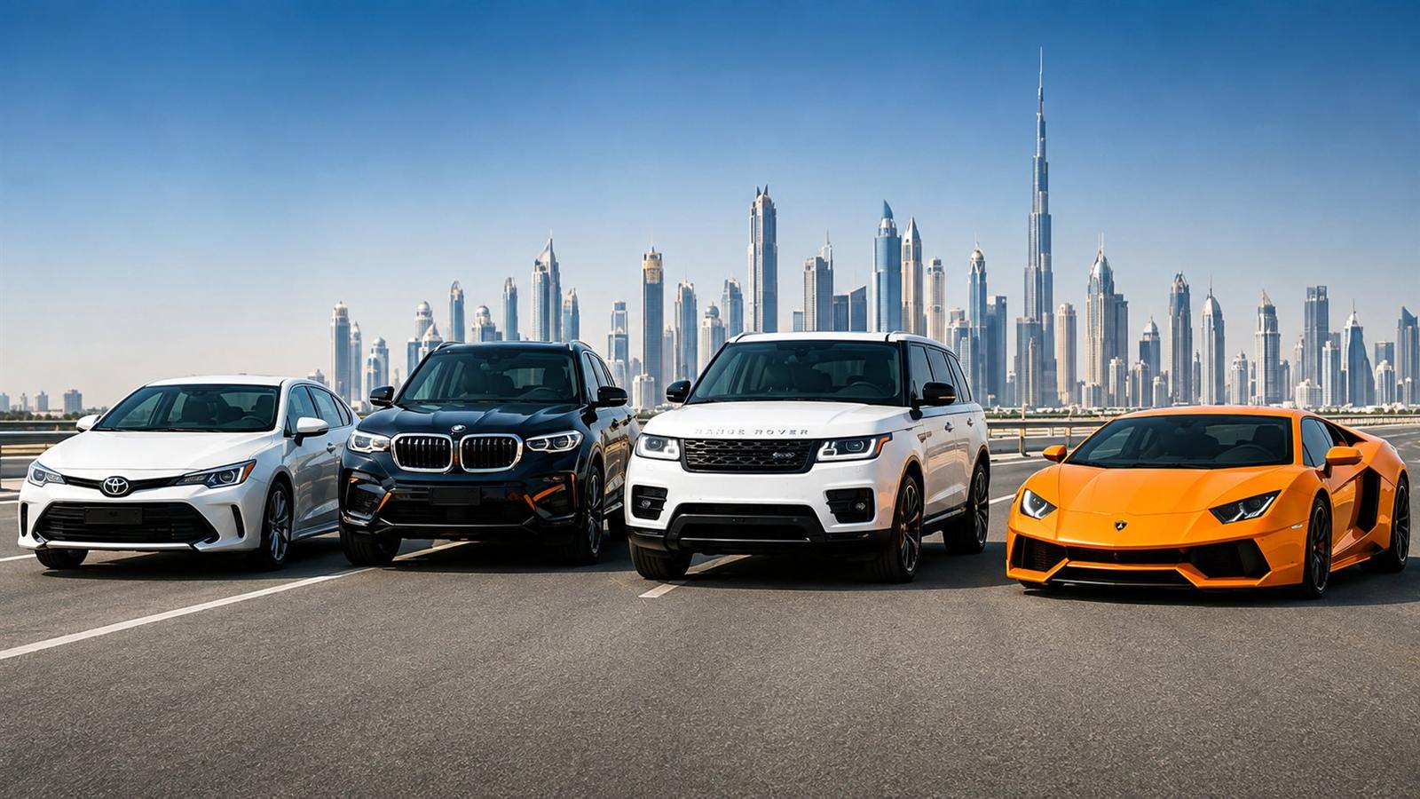 Toyota, BMW, Range Rover and Lamborghini rental cars in Dubai