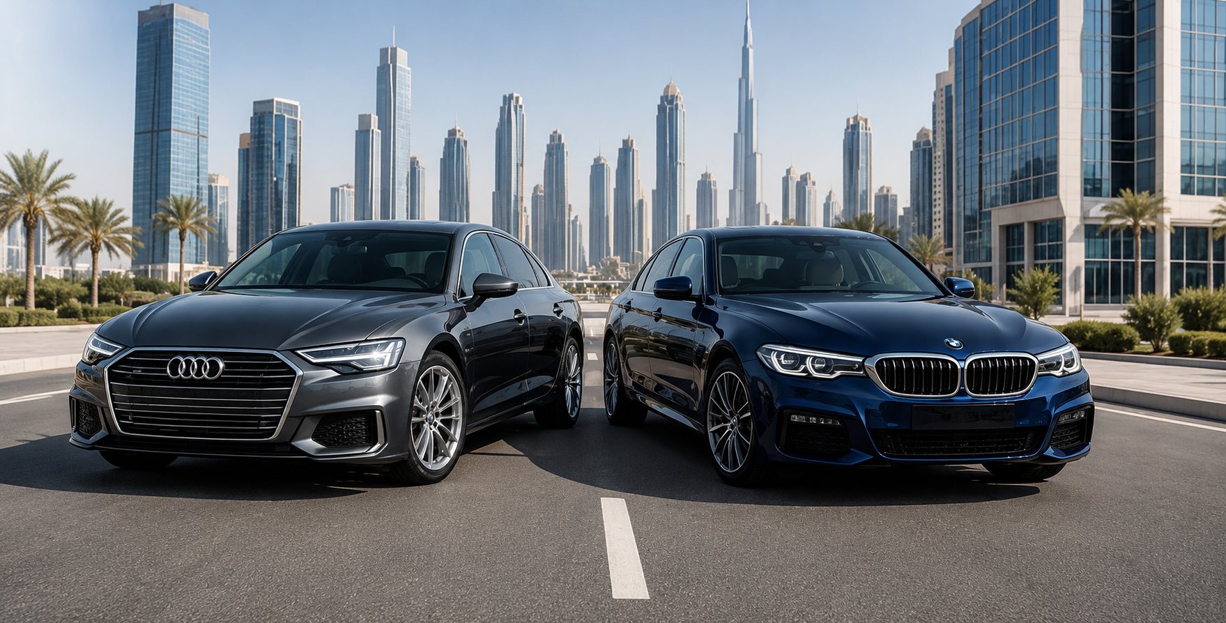 A grey Audi A6 and a blue BMW 5 Series in front of the Dubai skyline
