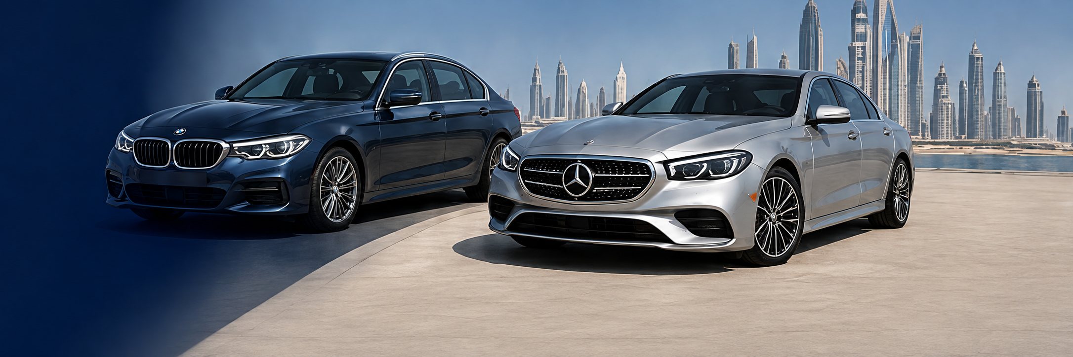 BMW and Mercedes sedans against the Dubai Marina skyline