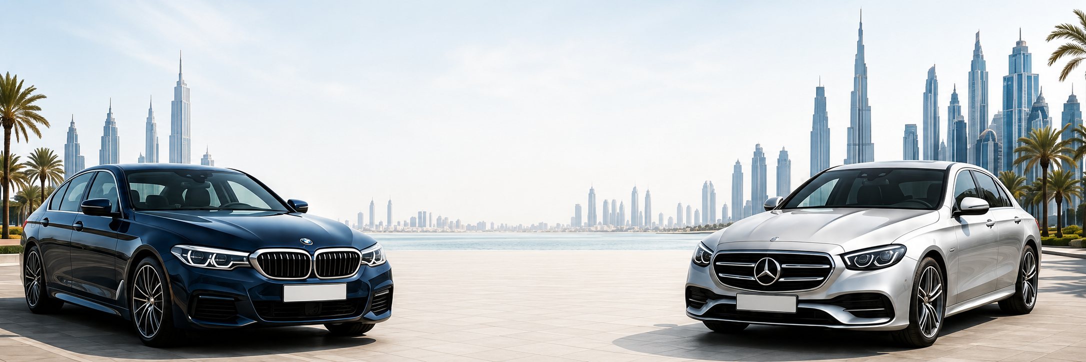 A BMW 5 Series facing a Mercedes E-Class in front of the Dubai skyline