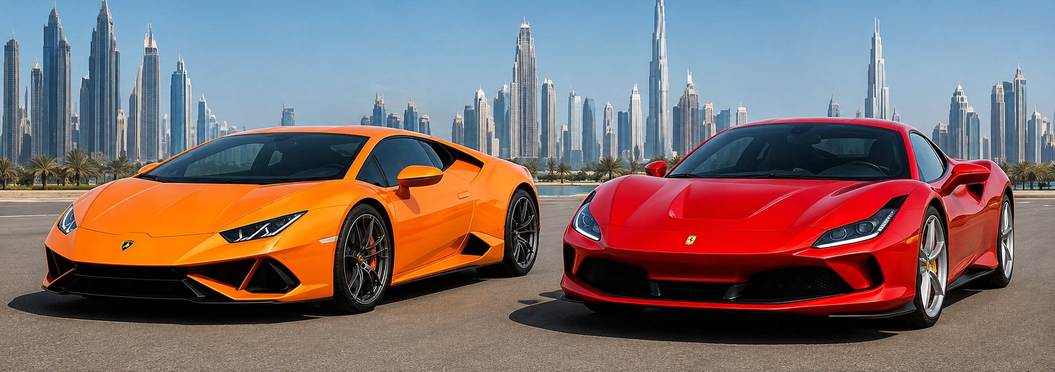 An orange Lamborghini Huracán and a red Ferrari F8 against the Dubai skyline