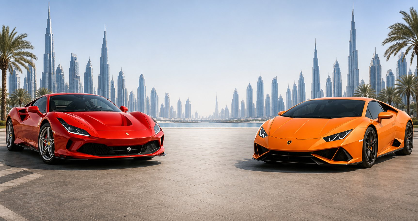 A red Ferrari F8 facing an orange Lamborghini Huracán in front of the Dubai skyline