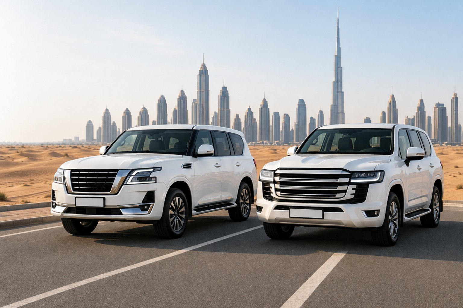A Nissan Patrol and a Toyota Land Cruiser in front of the Dubai desert skyline