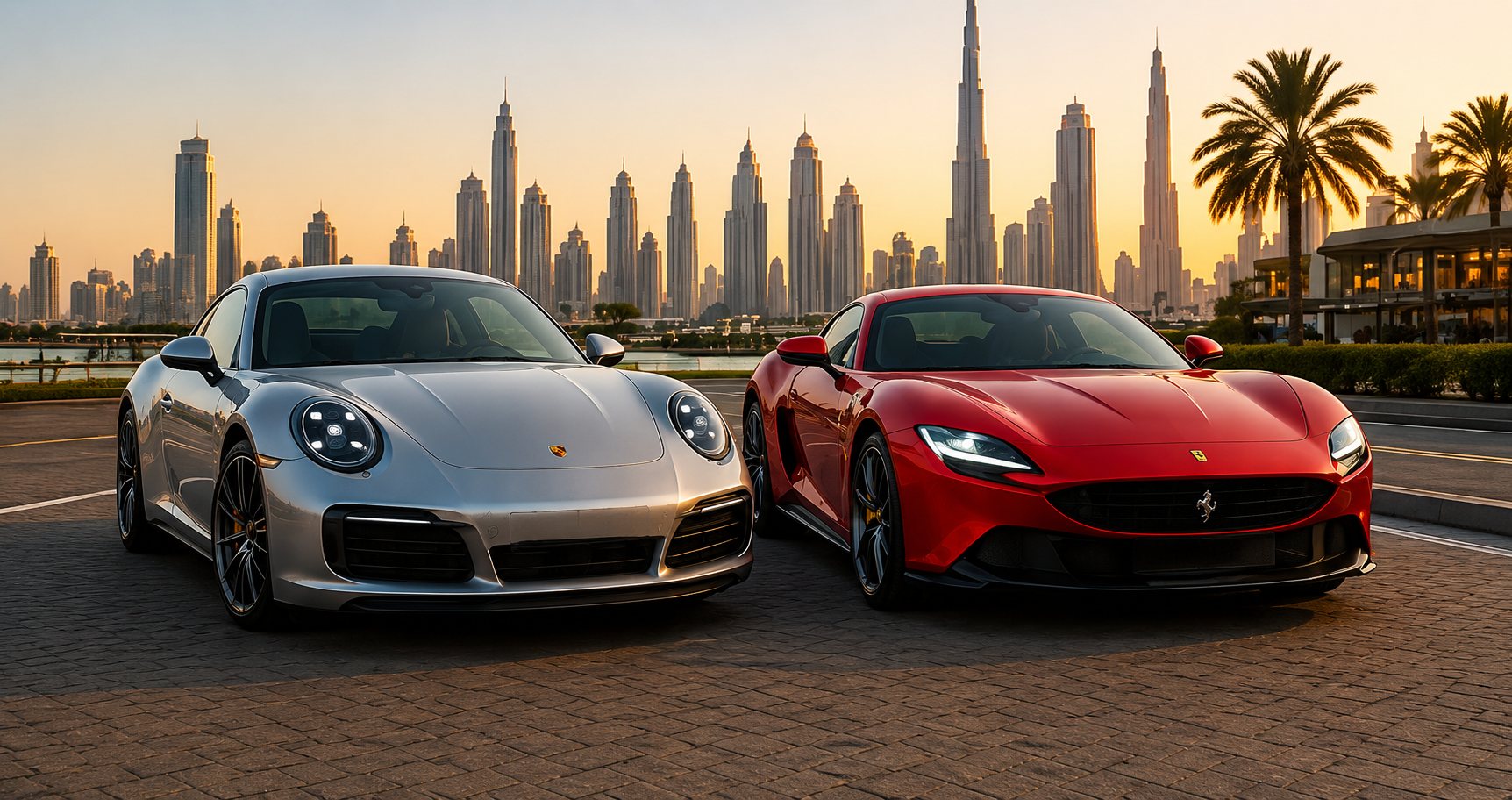 A silver Porsche 911 and a red Ferrari Roma in front of the Dubai skyline at sunset