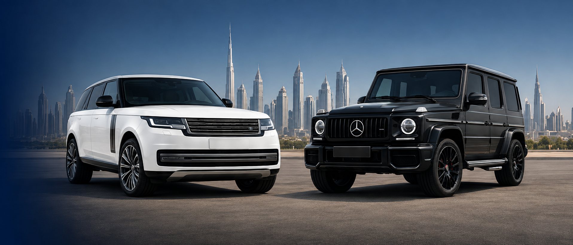A white Range Rover and a black G63 against the night Dubai skyline