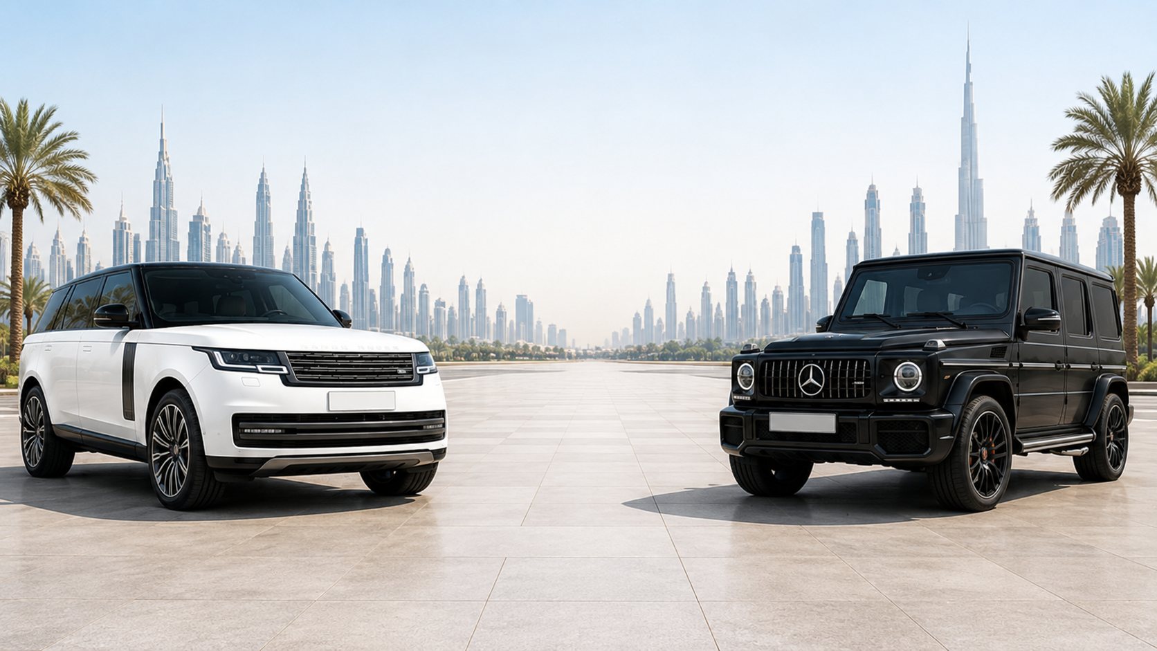 A white Range Rover Vogue facing a black Mercedes G63 in front of the Dubai skyline