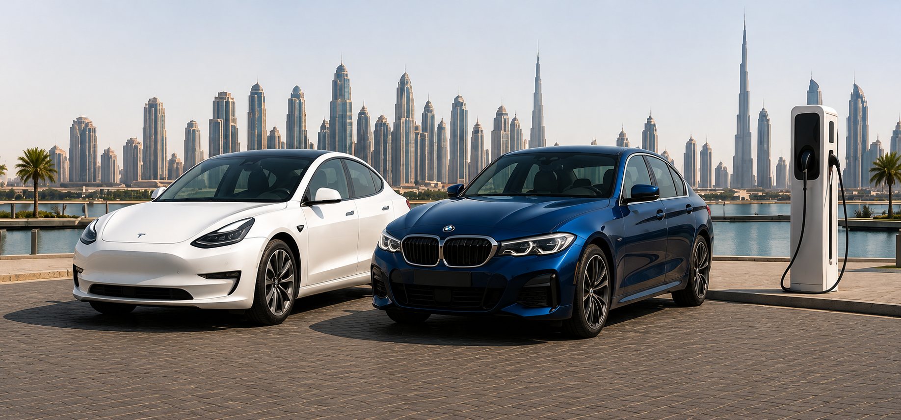A white Tesla Model 3 and a blue BMW 3 Series at an EV charging point in Dubai