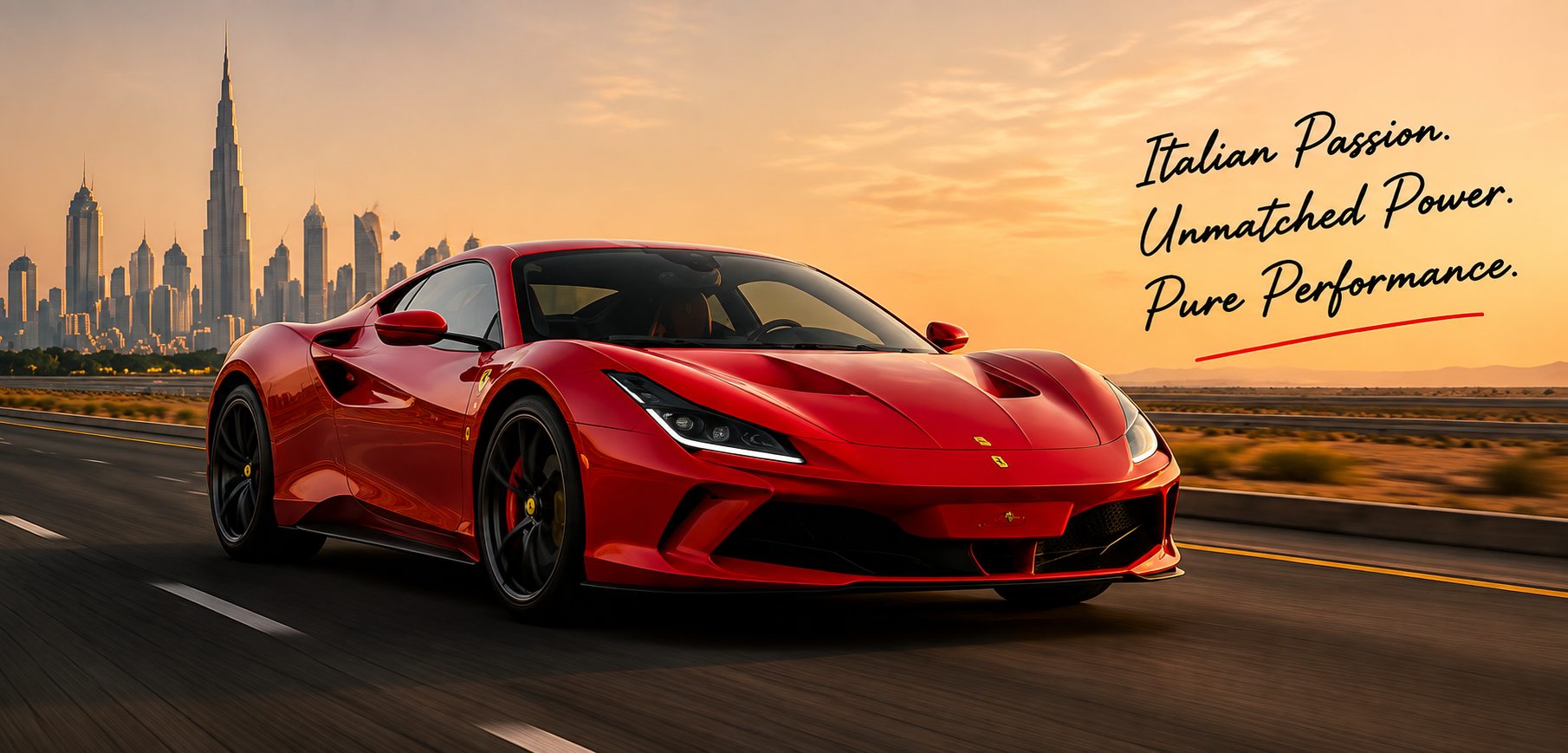 Ferrari F8 Tributo on a Dubai highway — Italian passion, unmatched power, pure performance