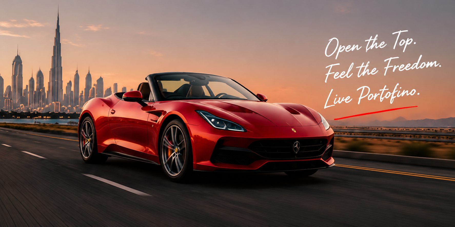 Ferrari Portofino on a Dubai highway — open the top, feel the freedom, live Portofino