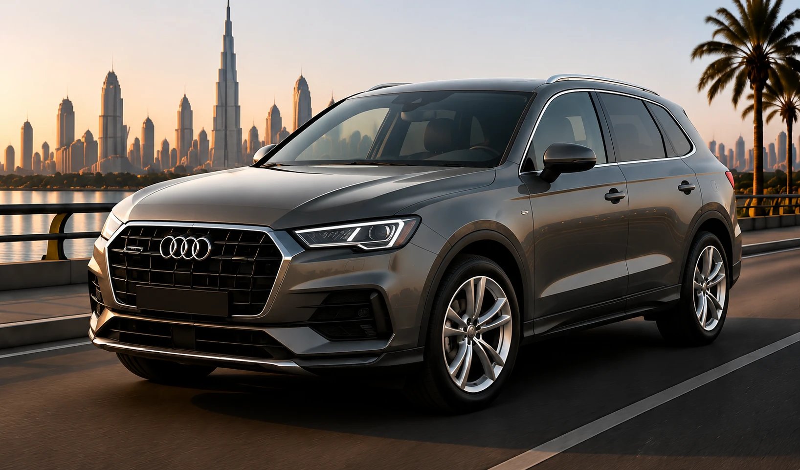 Audi Q3 on a Dubai highway with the skyline behind