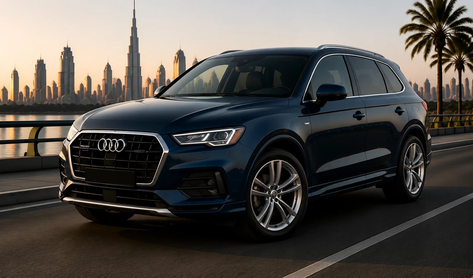 Audi Q7 on a Dubai highway with the skyline behind
