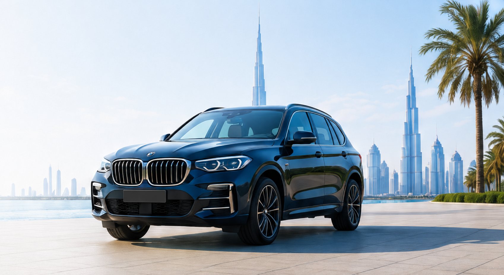 BMW X5 in front of the Dubai skyline