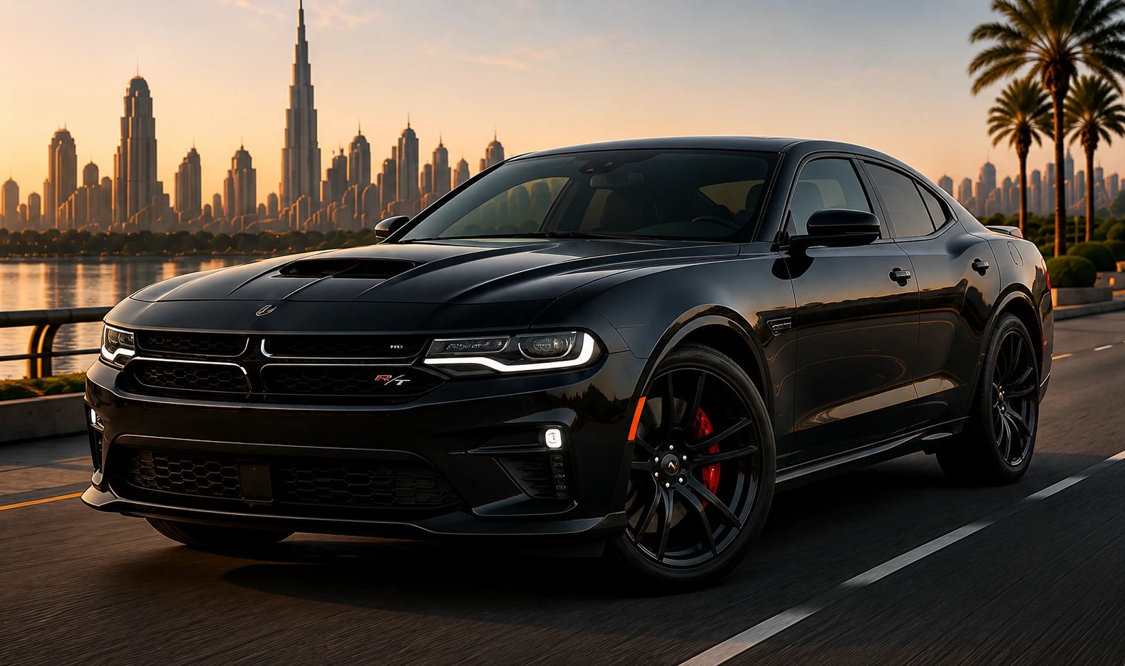 Dodge Charger with the Dubai skyline behind