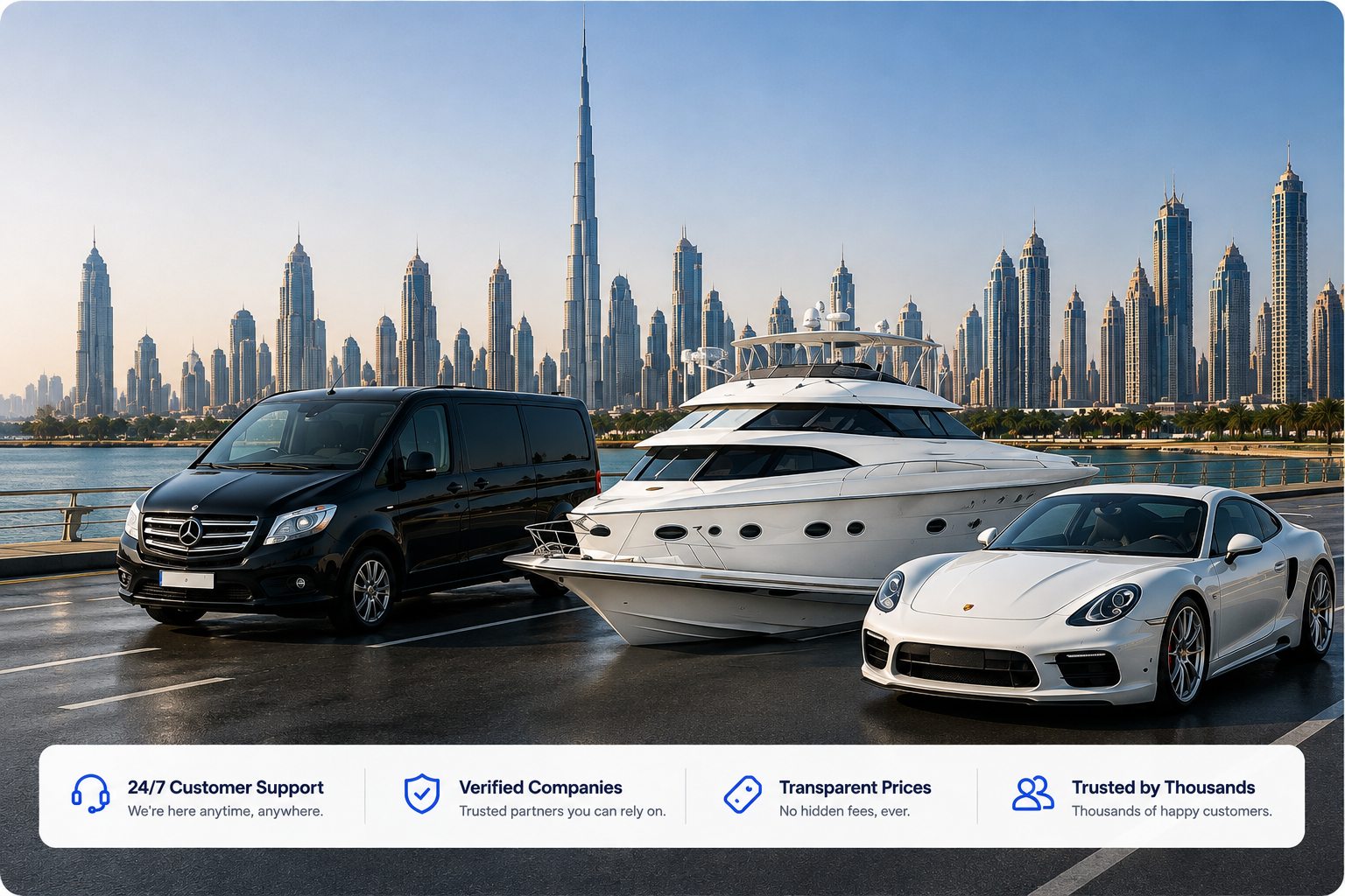 Verified travel companies in Dubai — car rental, yacht charter and chauffeur services