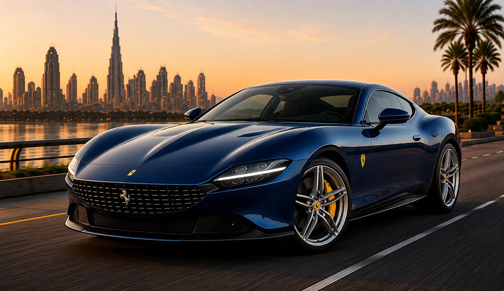 Ferrari Roma with the Dubai skyline behind