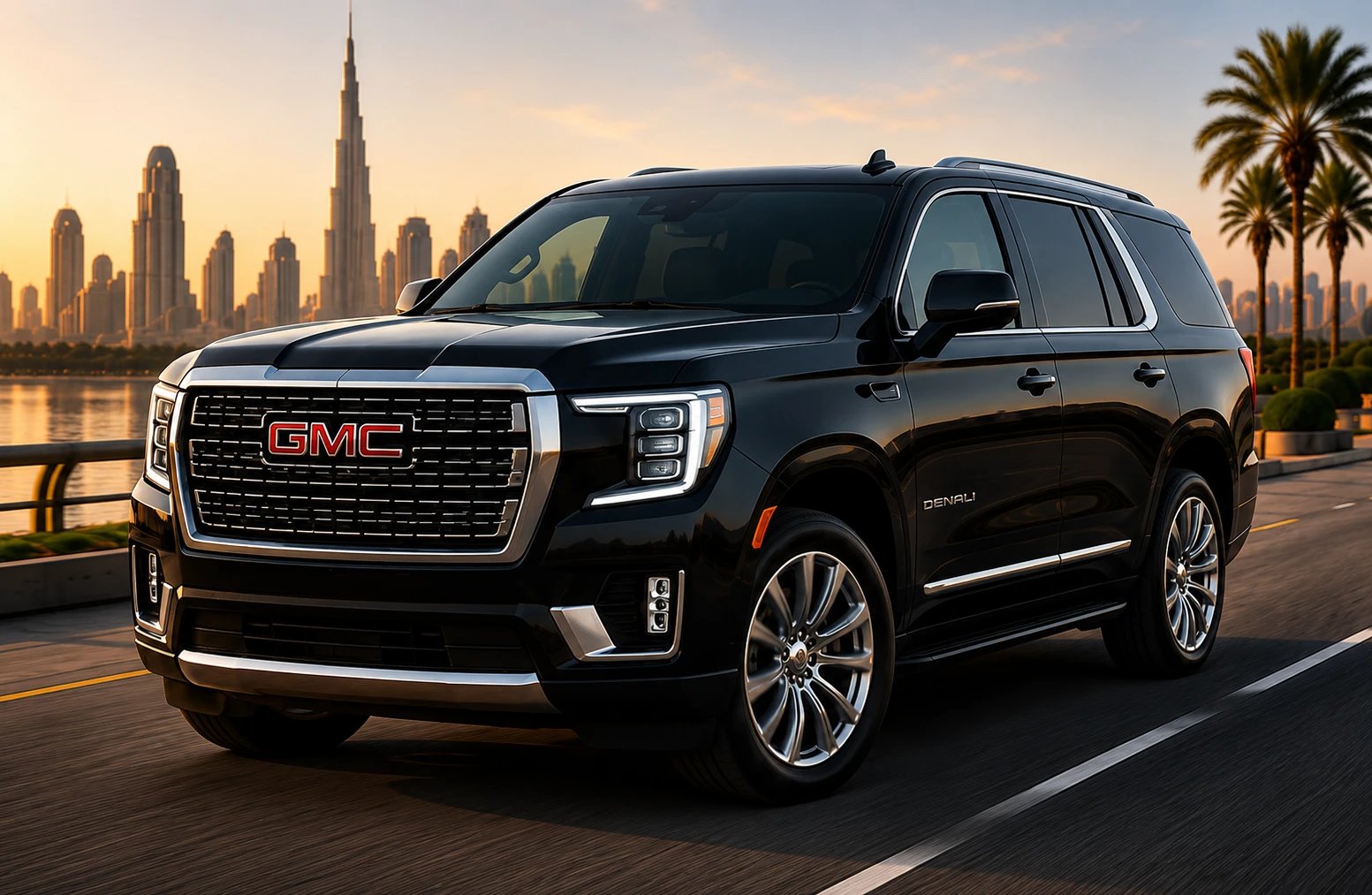 GMC Yukon Denali with the Dubai skyline behind