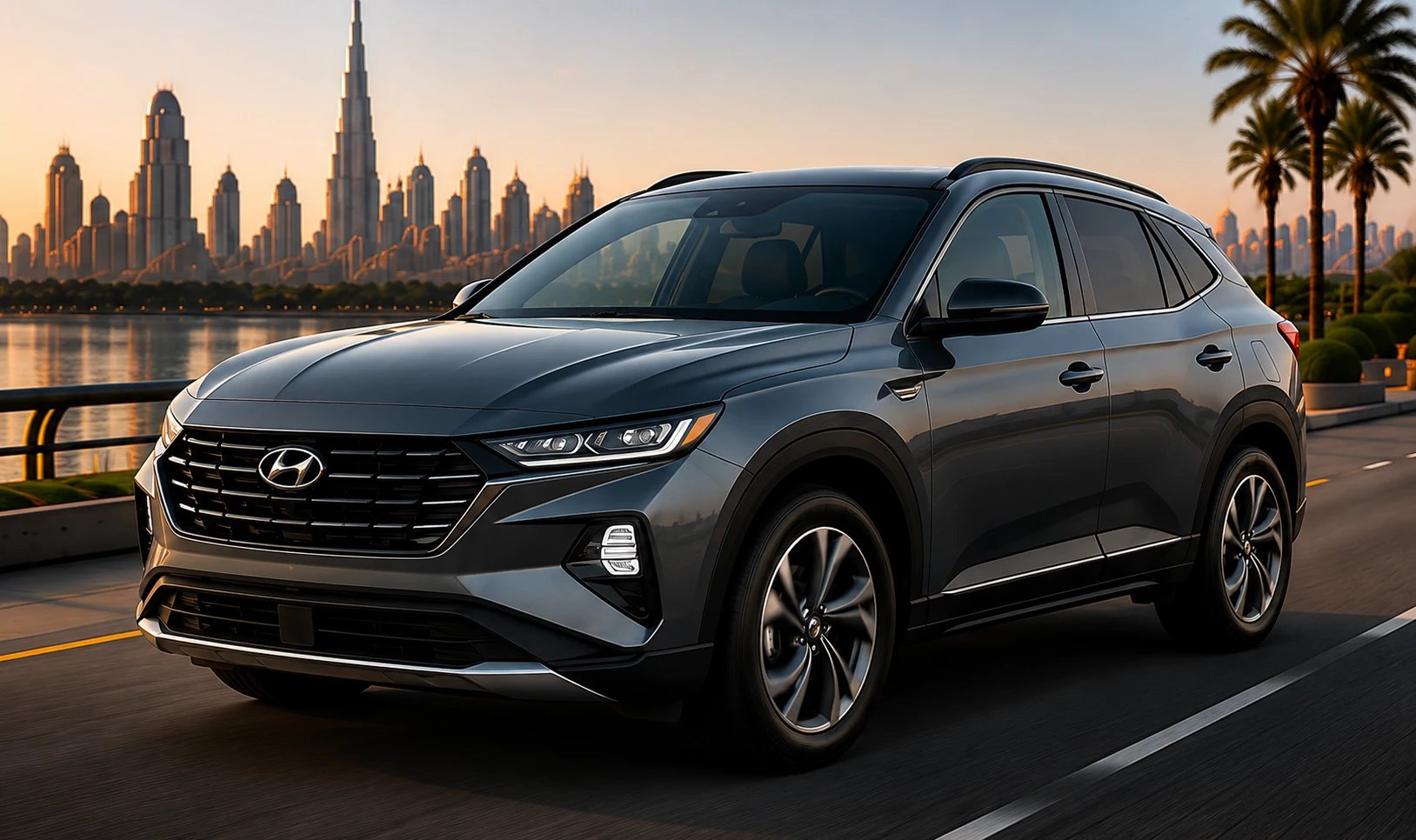Hyundai Tucson with the Dubai skyline behind