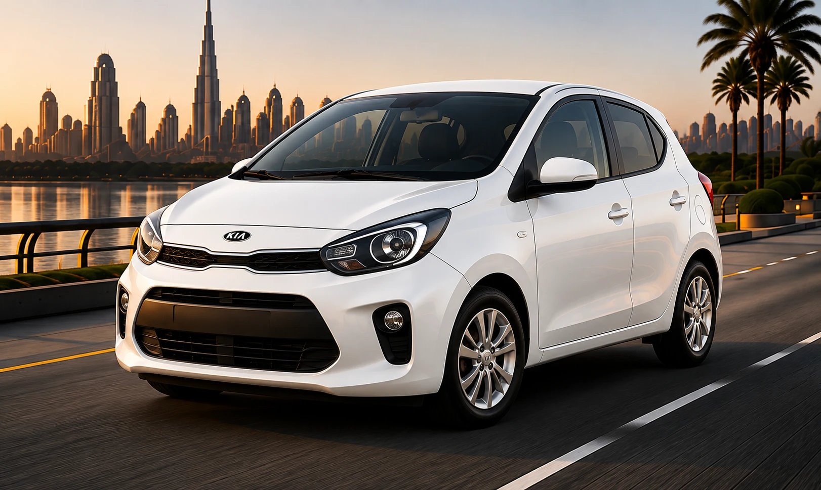 Kia Picanto with the Dubai skyline behind
