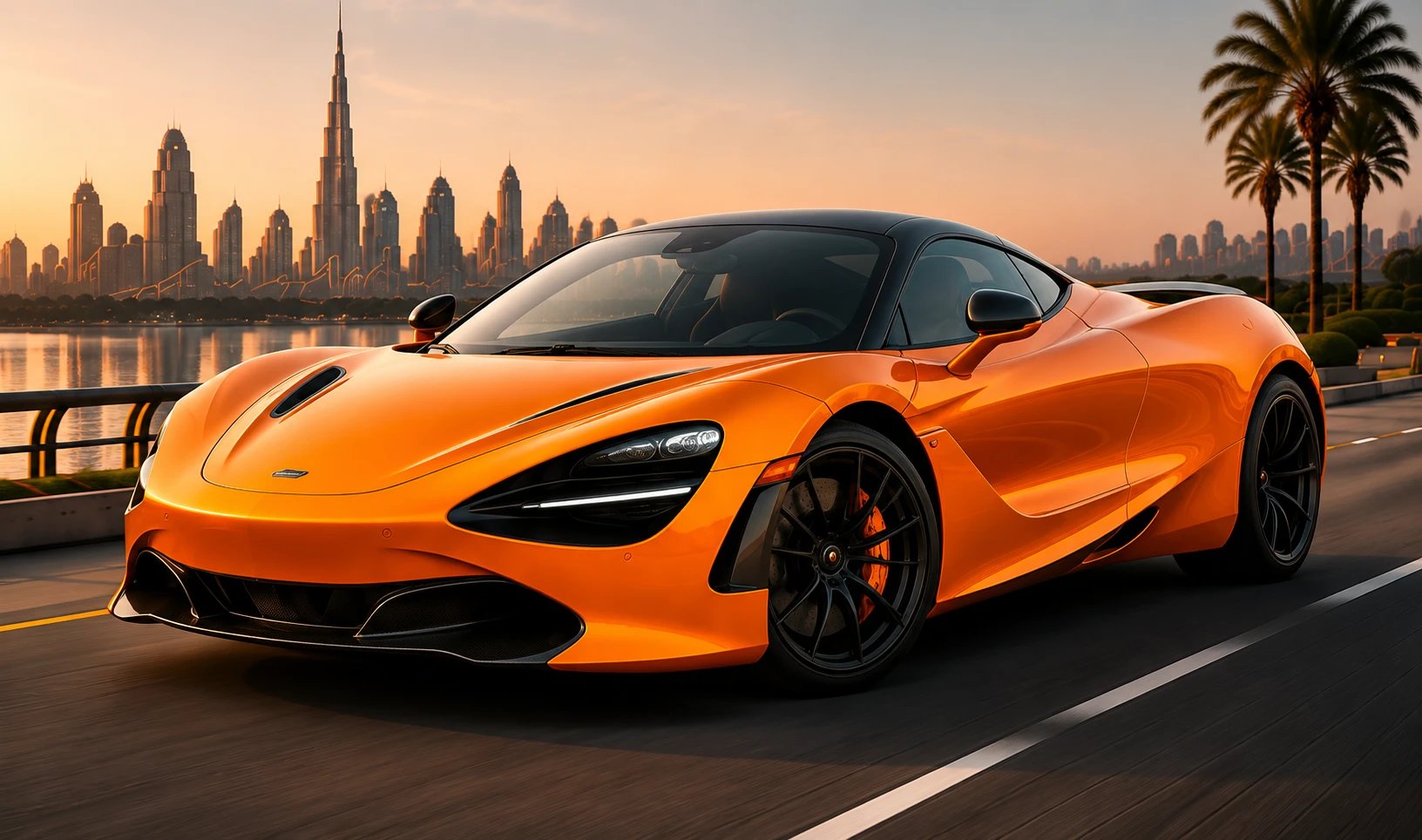McLaren 720S with the Dubai skyline behind