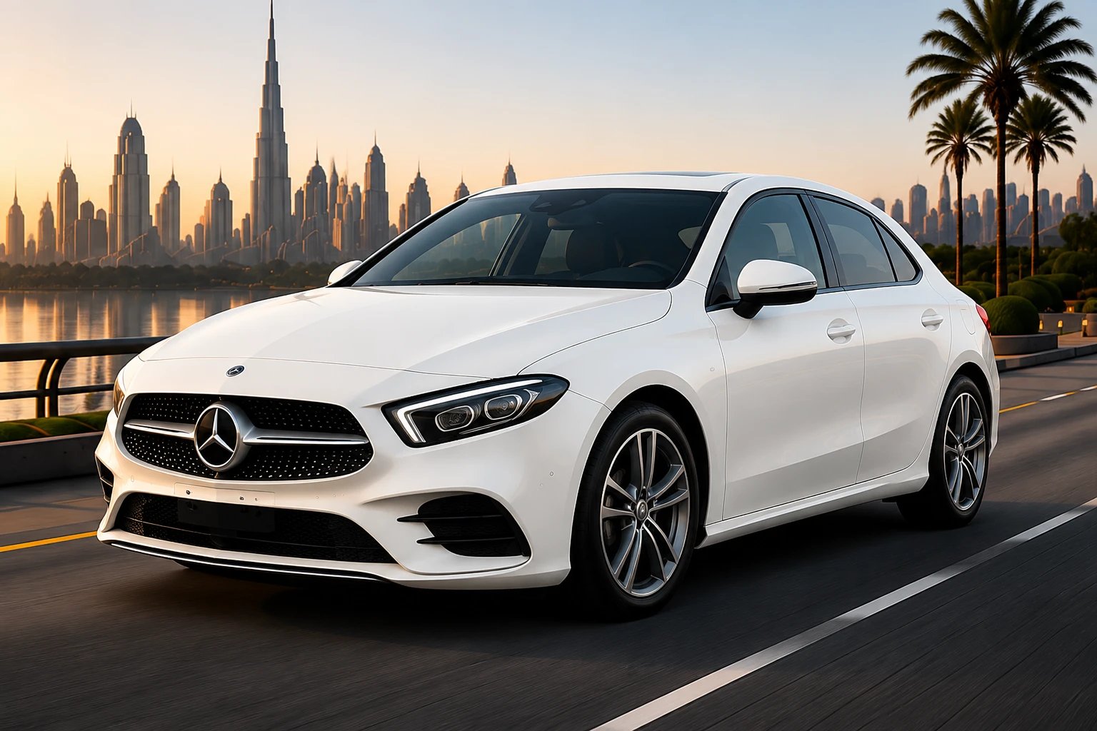 Mercedes A-Class with the Dubai skyline behind