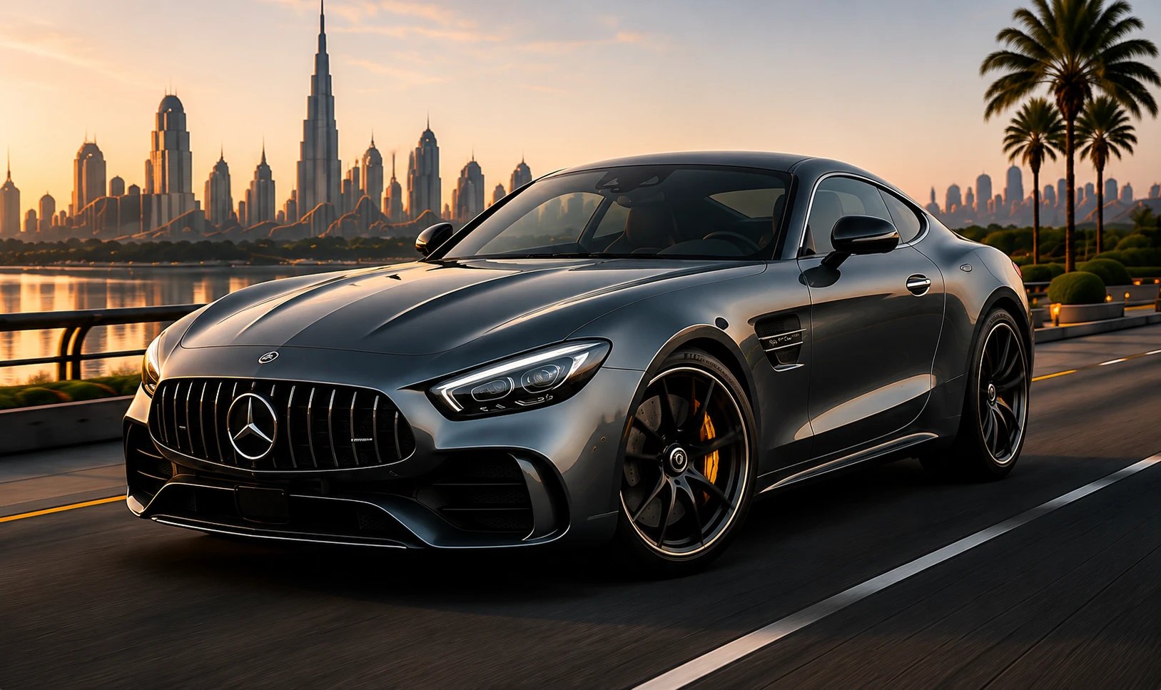 Mercedes AMG GT with the Dubai skyline behind